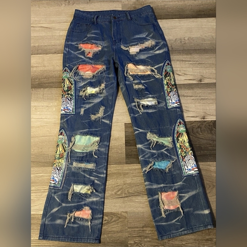 Patch Ripped Jeans Fluffy Flip Flops, Ragged Street Style, S. No Stretch. - Picture 4 of 9